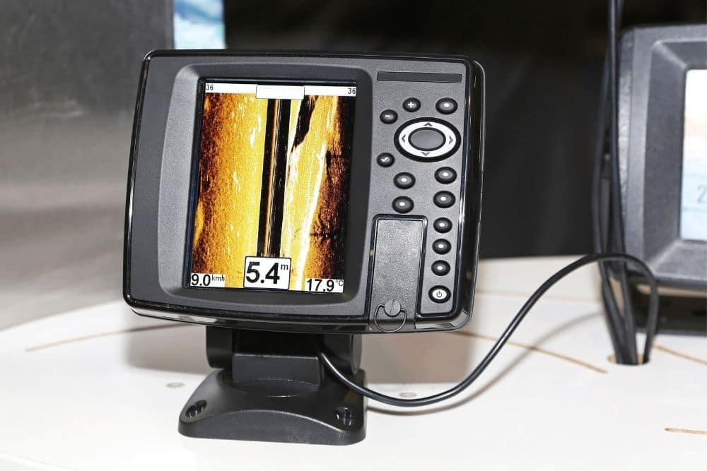 fish finder mounted on the port side of a boat
