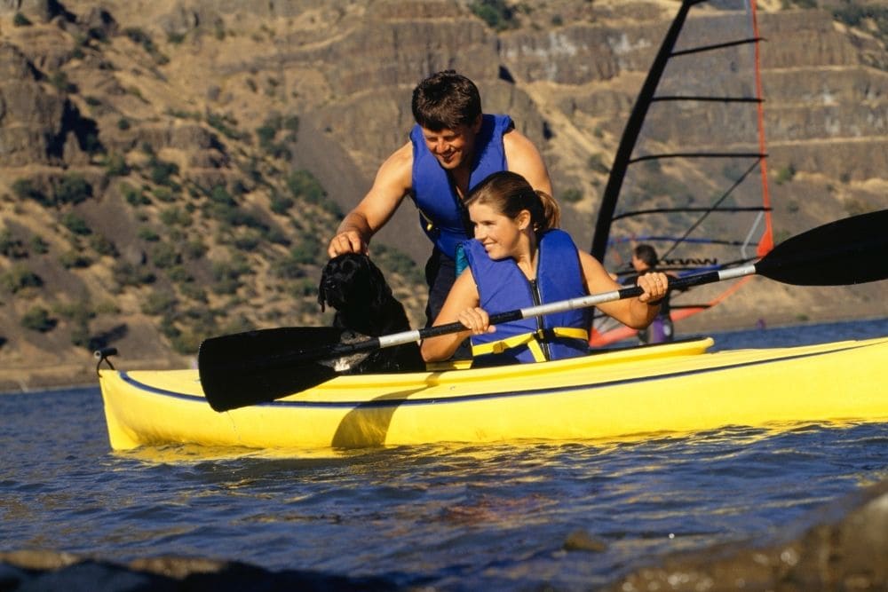 a dog in an inflatable kayak