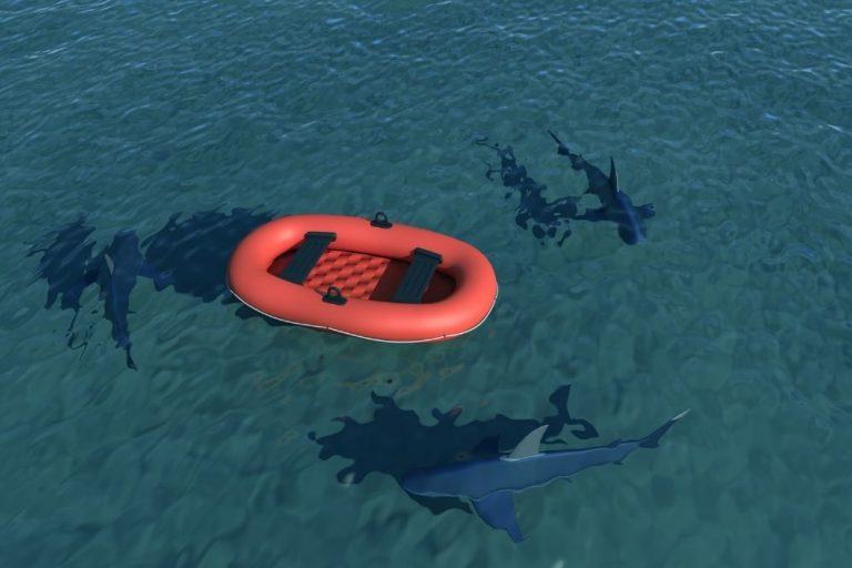 sharks vs red inflatable boat floating on the sea