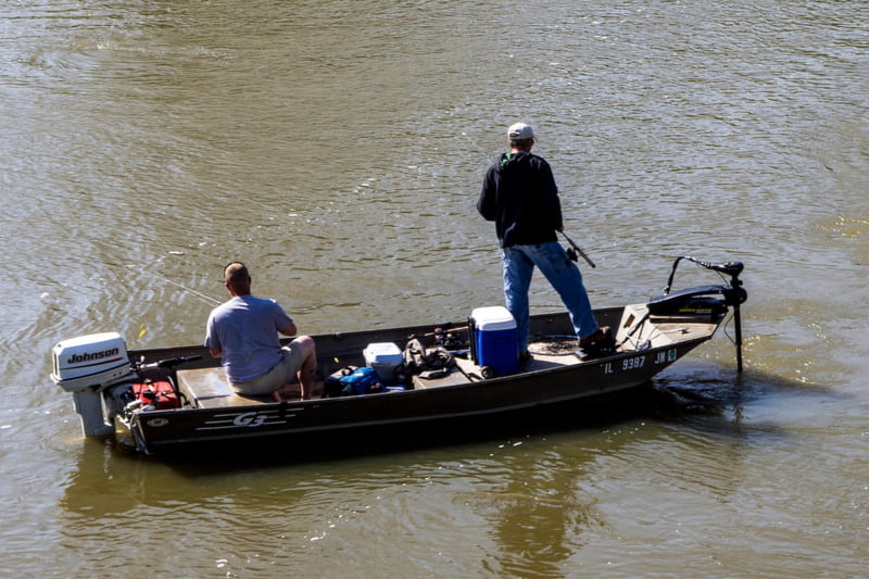 Jon boat with trolling motor mounted on the bow