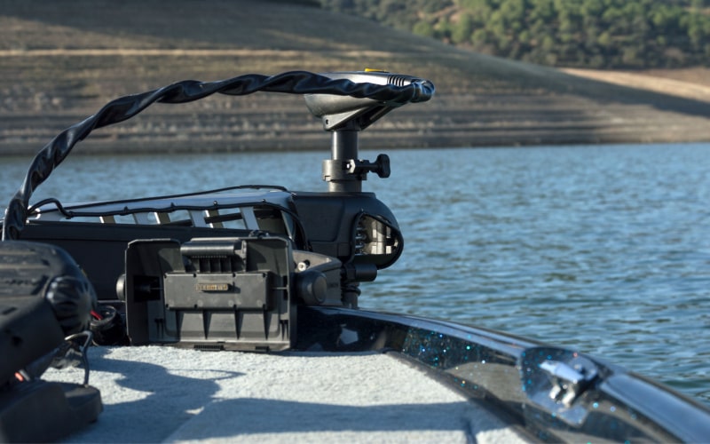 bow mount trolling motor with pedal on a boat