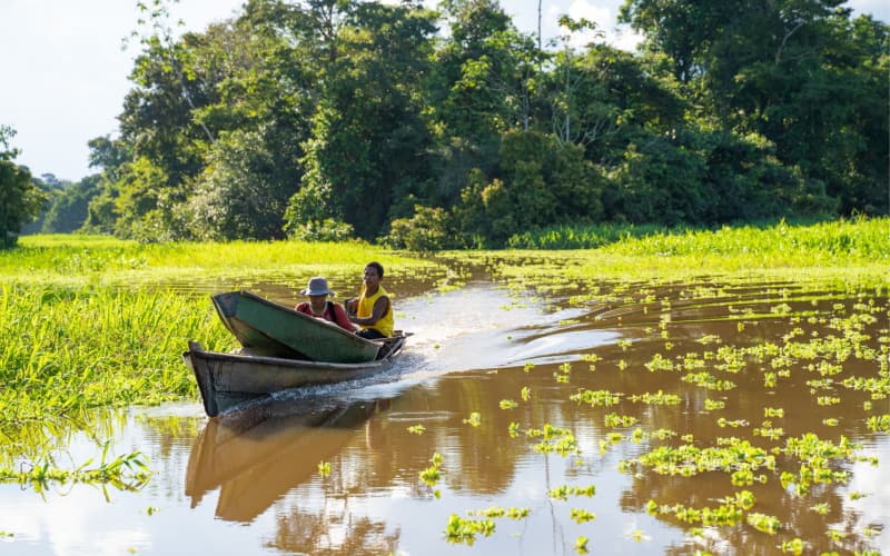 two men going fast on a river with their canoe and electric motor