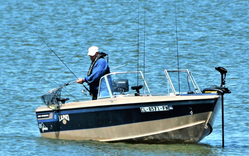 fisherman standing in his boat and fishing in a mild weather are trying to get the fish from the net