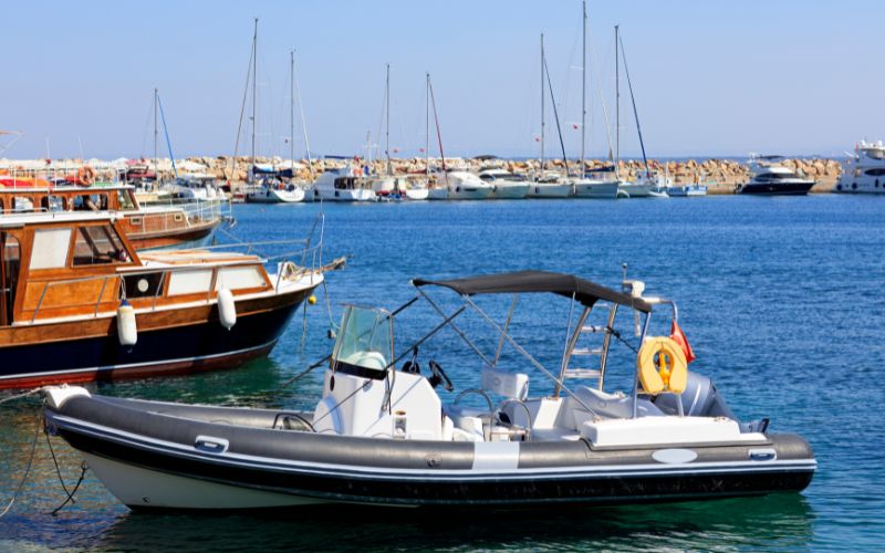 a black RIB with a bimini top is anchored